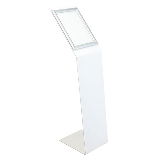 atril de pie en metal blanco con marco publicitario