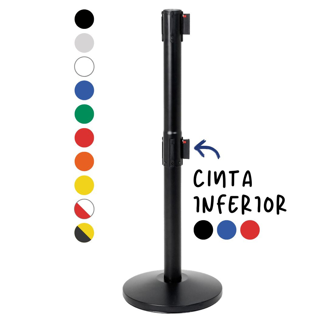 Poste separador negro con doble cinta extensible de 3 metros