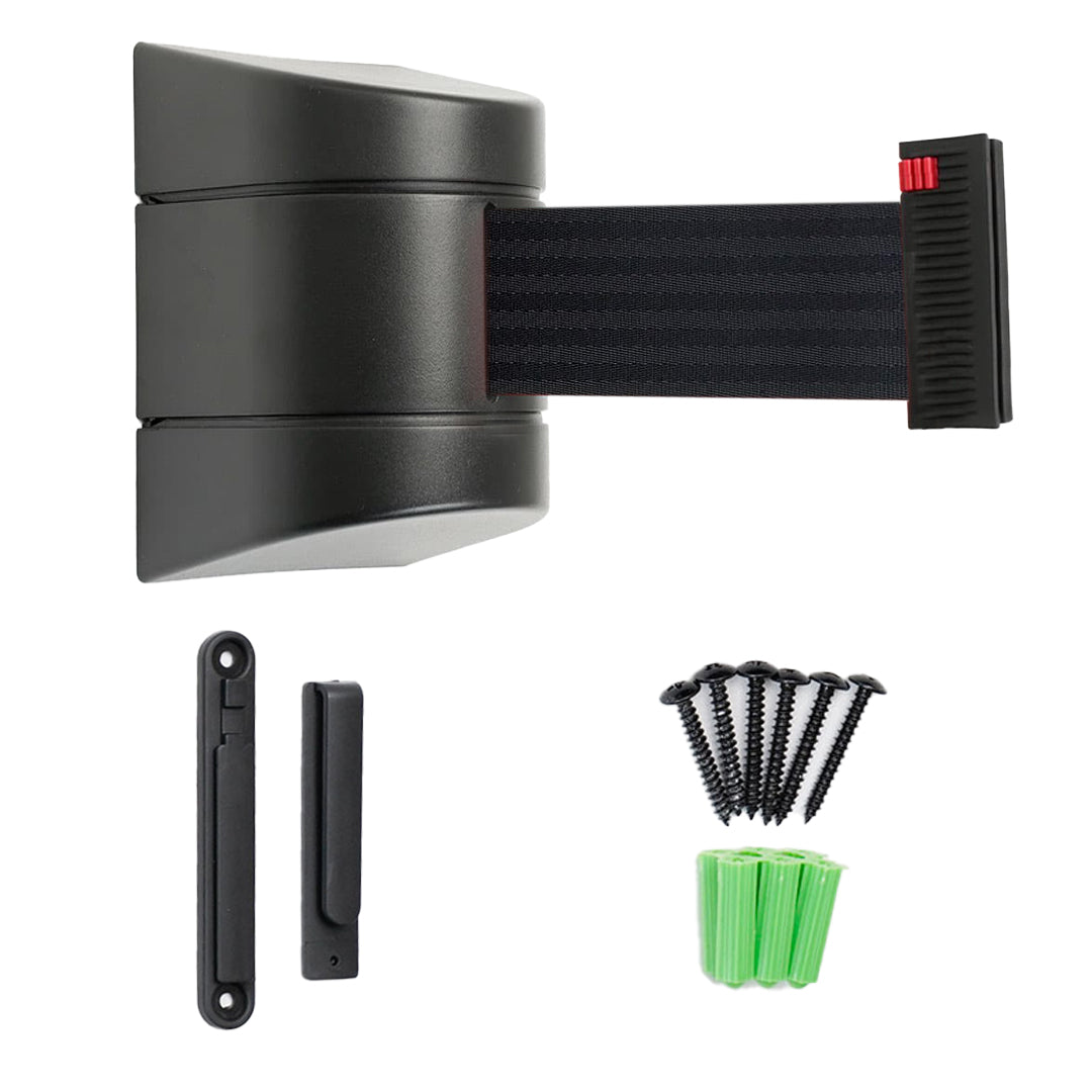 cinta rectrátil negra de pared con tornillos y clip receptor