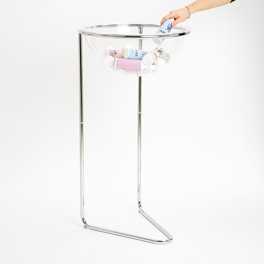 expositor de pie con media esfera transparente para tiendas