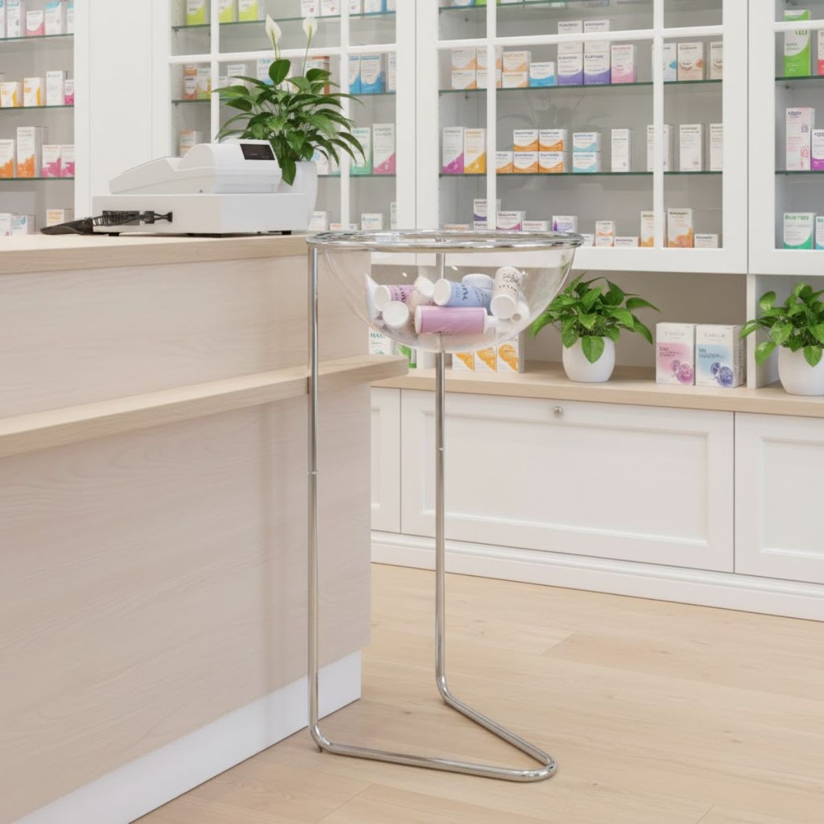 expositor de pie con media esfera transparente