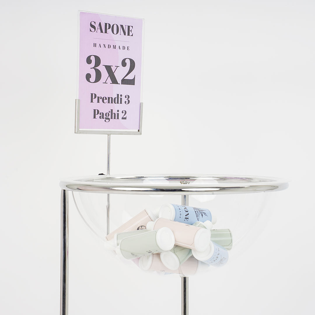 expositor de pie con media esfera transparente y portagrafica