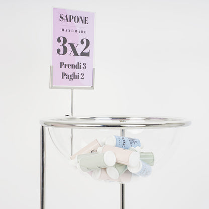 expositor de pie con media esfera transparente y portagrafica