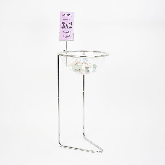 expositor con media esfera y portagrafica transparente para tiendas