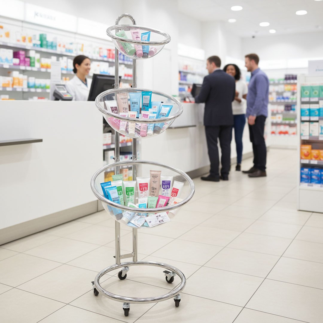 expositor de pie con semiesferas de metacrilato