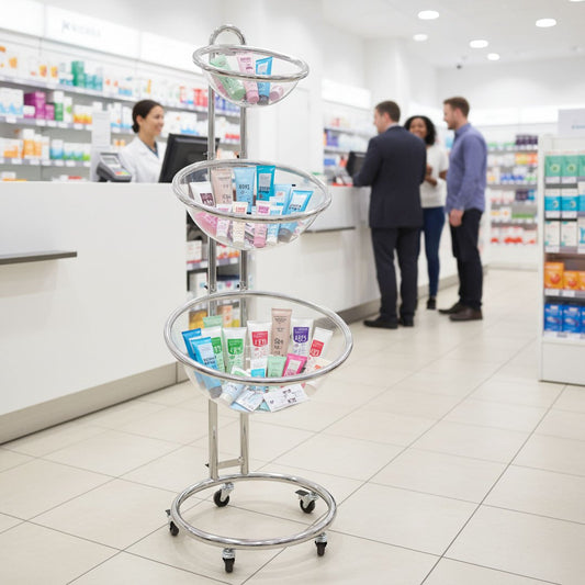 expositor de pie con semiesferas de metacrilato