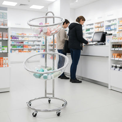 Expositor de pie con semiesferas de metacrilato para presentación de productos