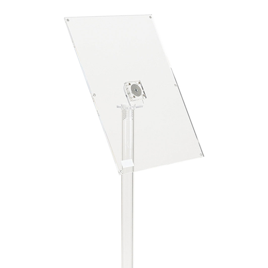 detalle de porta grafica de pie en metacrilato