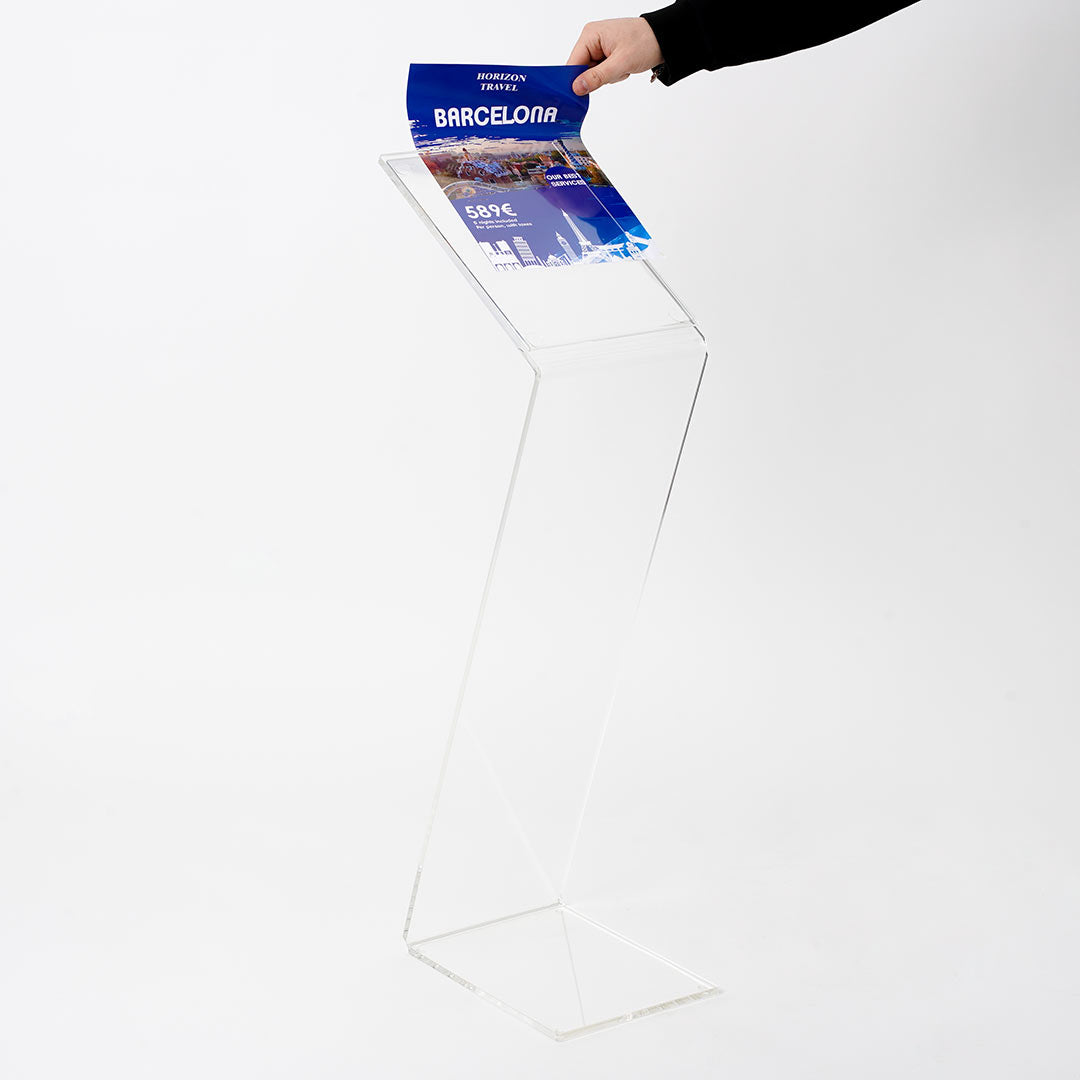 atril de metacrilato transparente en forma de Z para gráfica A4