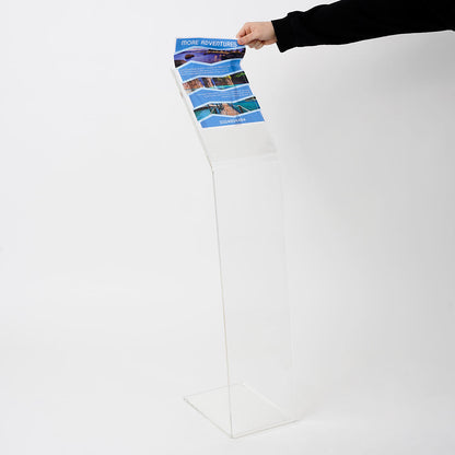 atril de pie de metacrilato con portagrafica y portafolletos