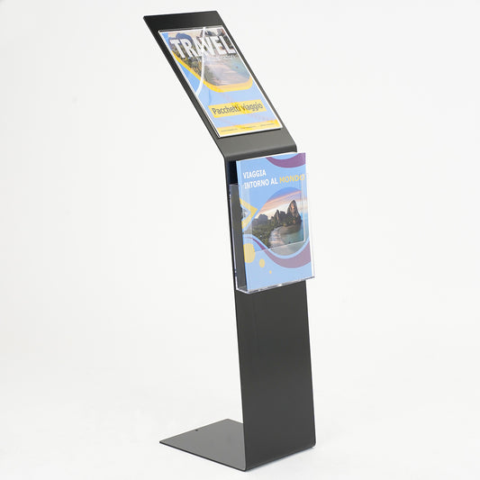 Atril publicitario de metal con portafolletos y portagrafica  A4