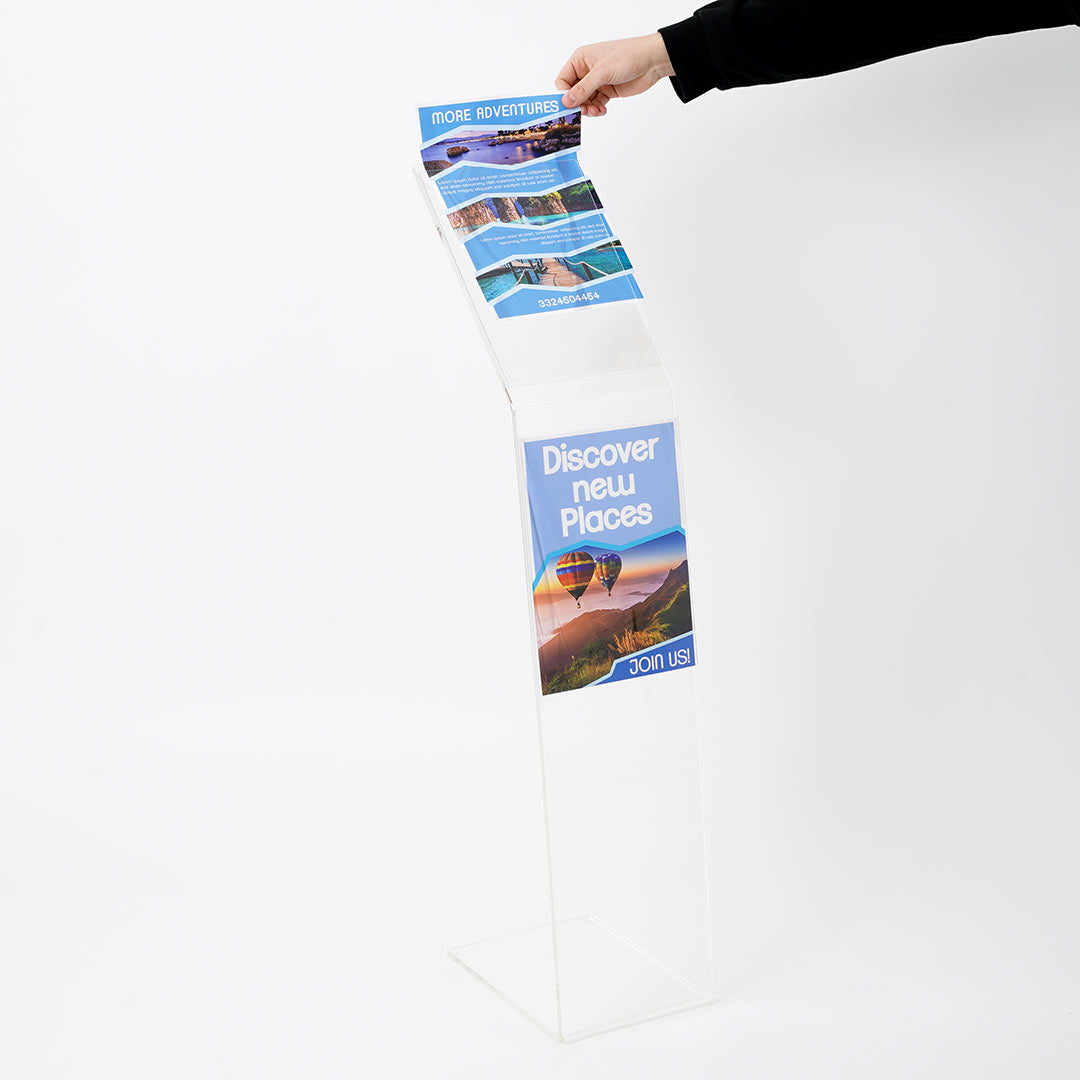 atril de pie de metacrilato con portagrafica y portafolletos