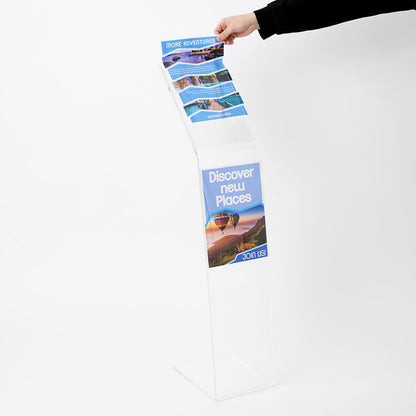 atril de pie de metacrilato con portagrafica y portafolletos