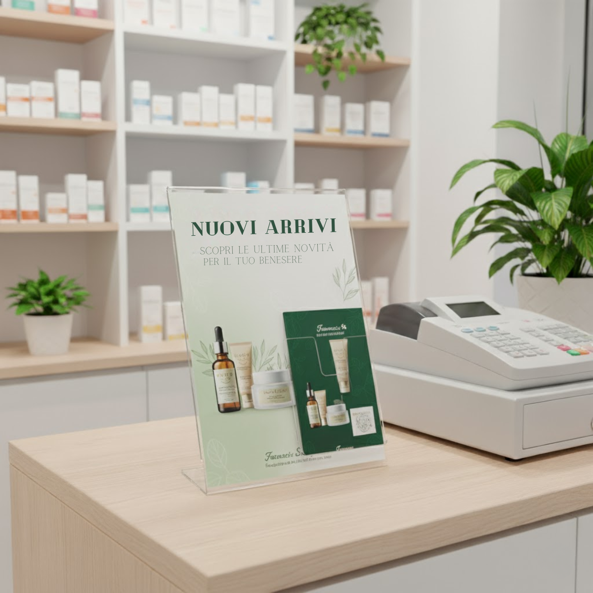 Expositor A4 de sobremesa con portatarjetas. 3 piezas