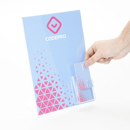 Expositor A4 de sobremesa con portatarjetas. 3 piezas