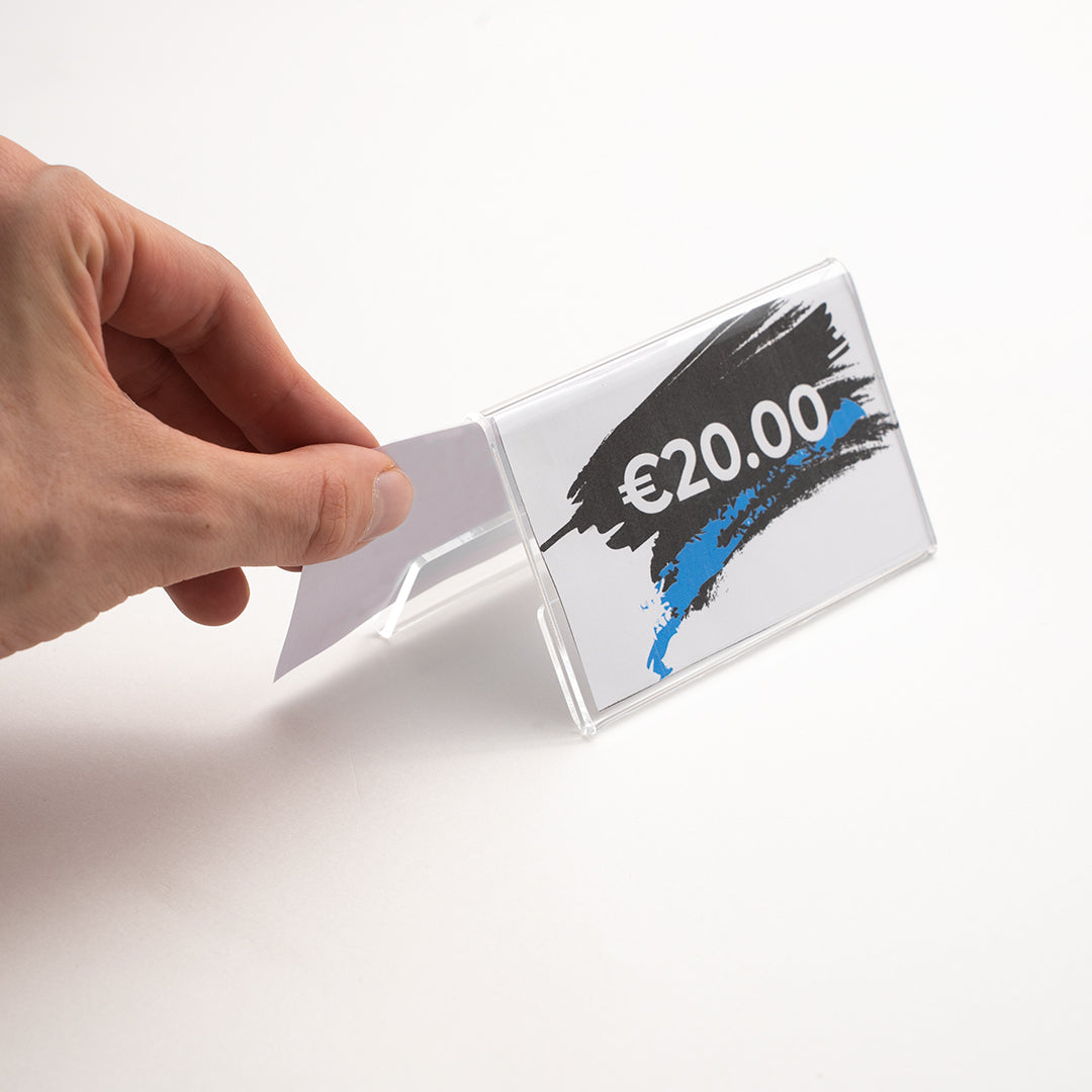 porta precio de doble cara en metacrilato