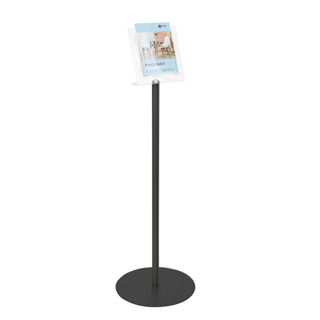 porta folletos de metacrilato con soporte en metal negro
