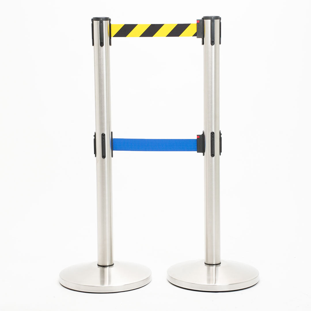 postes separador doble cinta amarillo-negra y azul