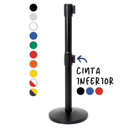 Poste separador negro con doble cinta extensible de 3 metros