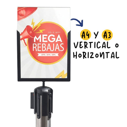 porta grafica A4 y A3 para poste separador con cinta