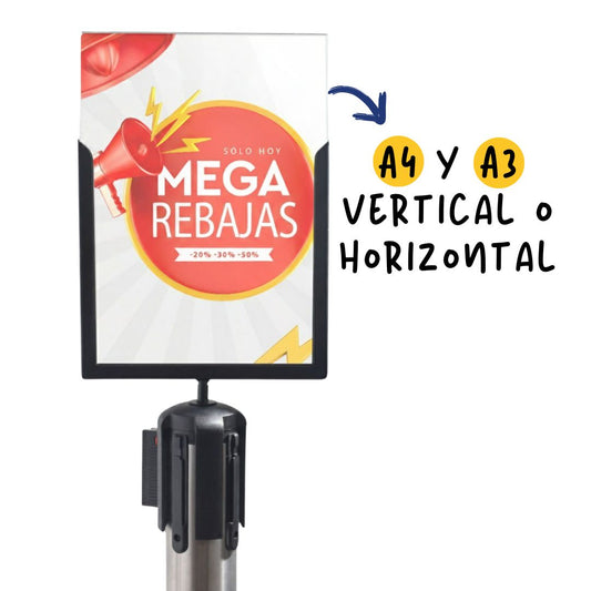 porta grafica A4 y A3 para poste separador con cinta
