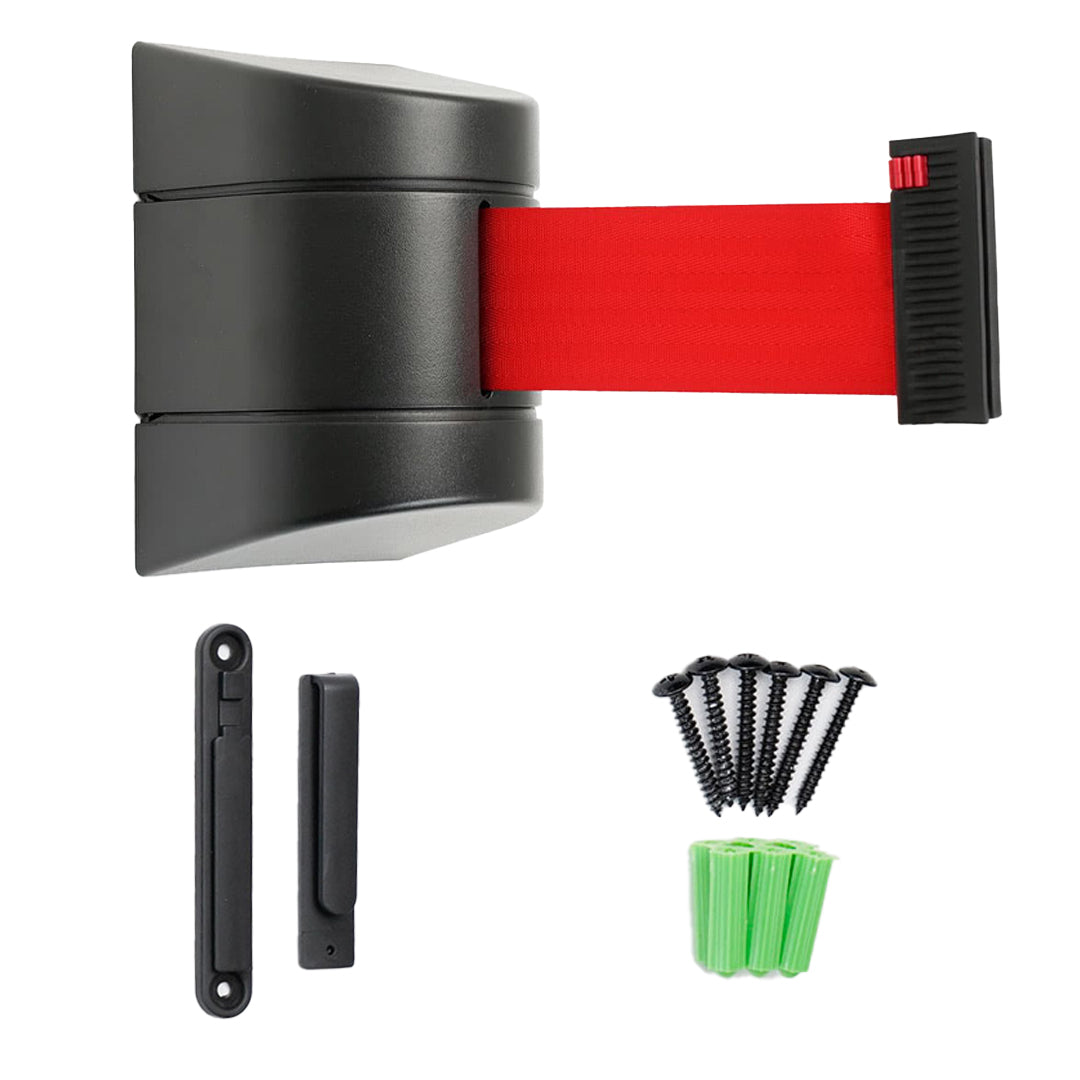 cinta rectrátil roja de pared con tornillos y clip receptor