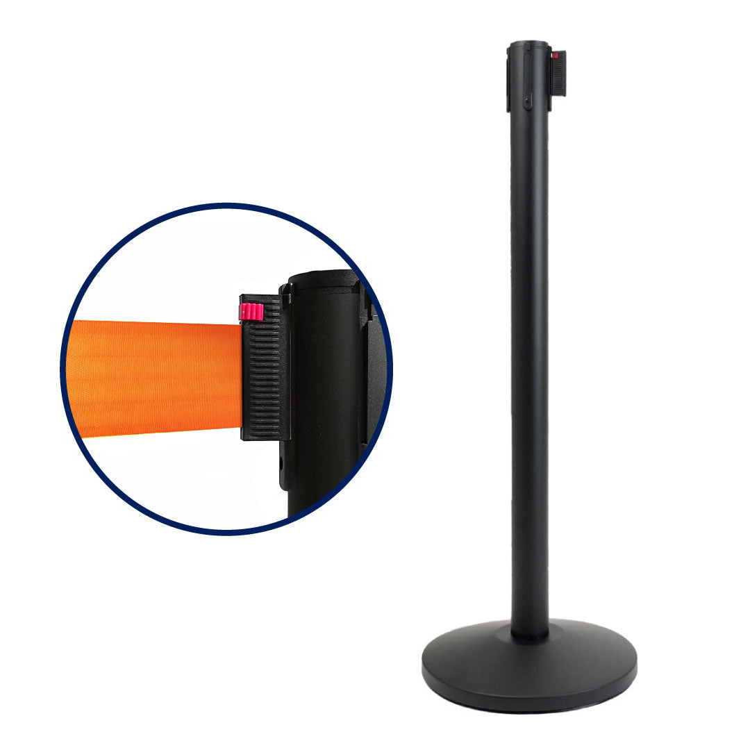 Poste separador Negro con cinta retráctil de 3 metros