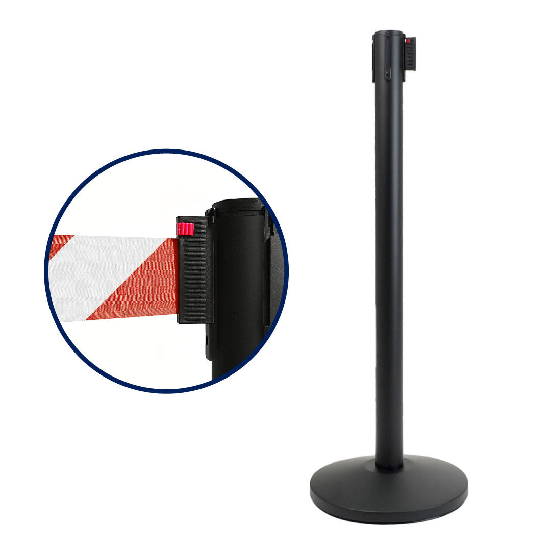 Poste separador Negro con cinta retráctil de 3 metros