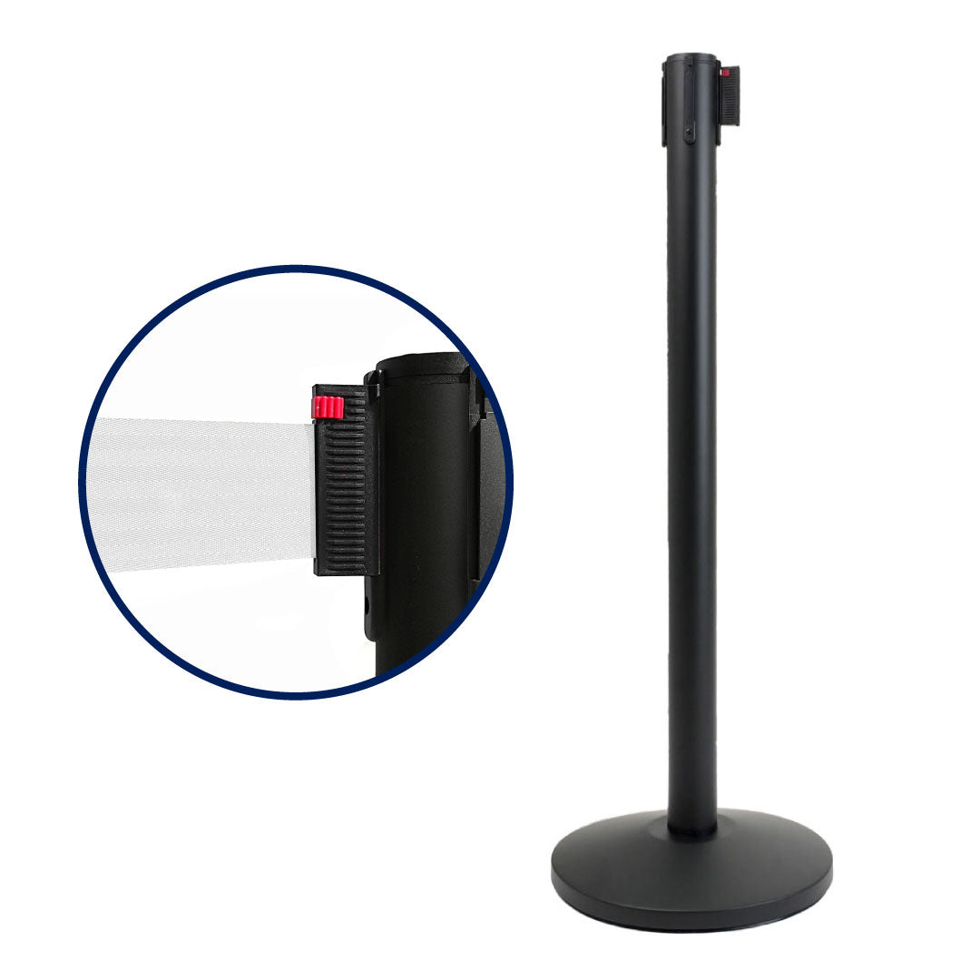 Poste separador Negro con cinta retráctil de 3 metros