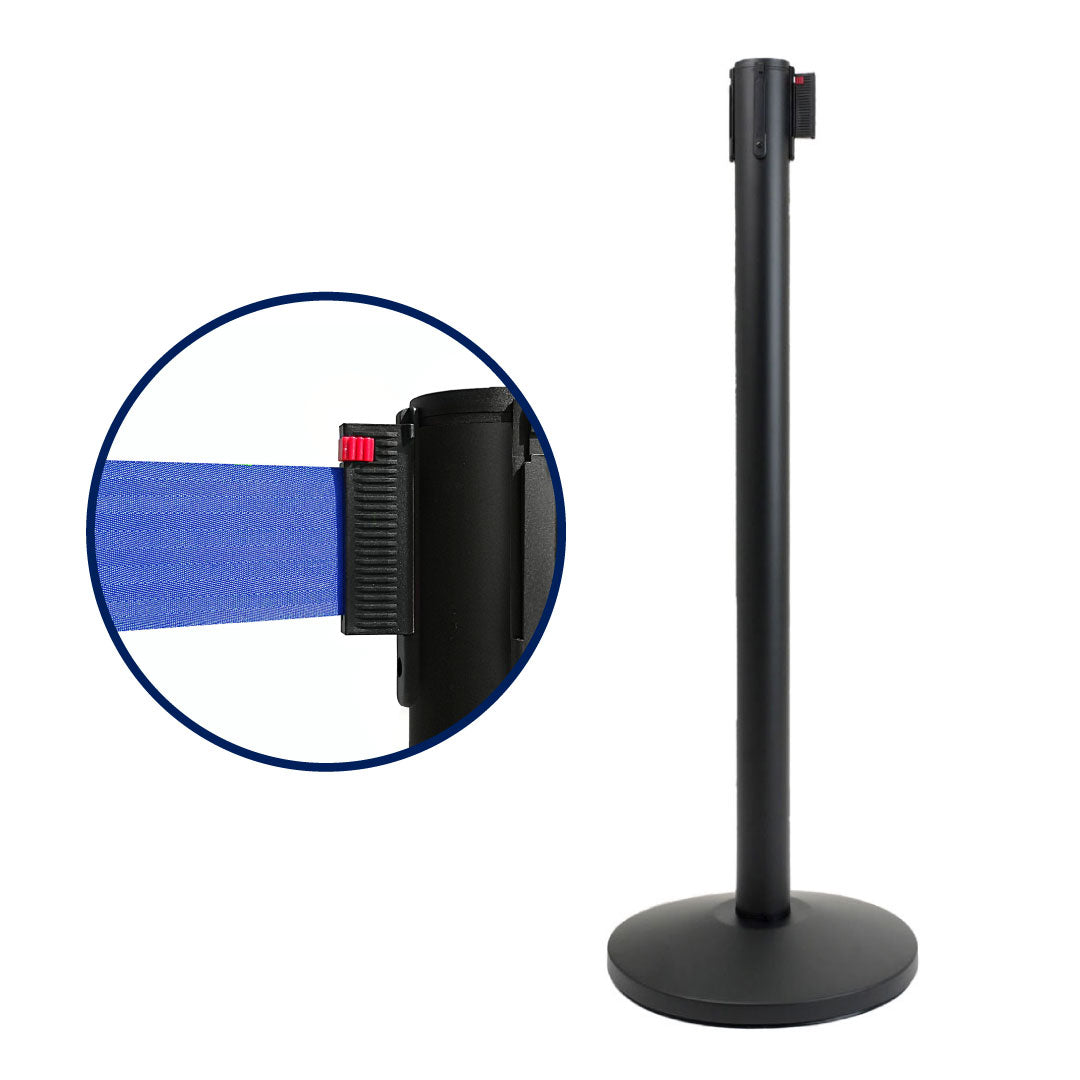 Poste separador Negro con cinta retráctil de 3 metros