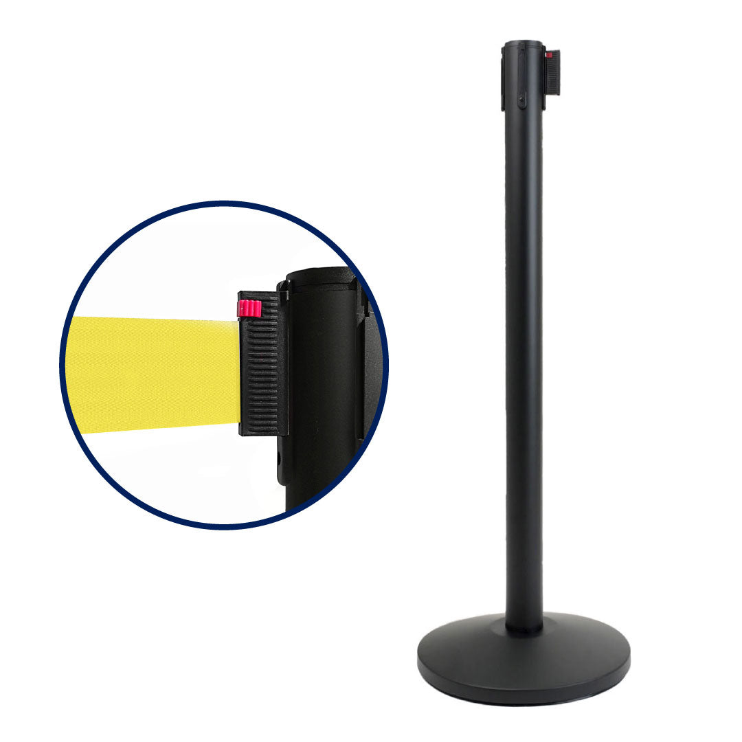 Poste separador Negro con cinta retráctil de 3 metros