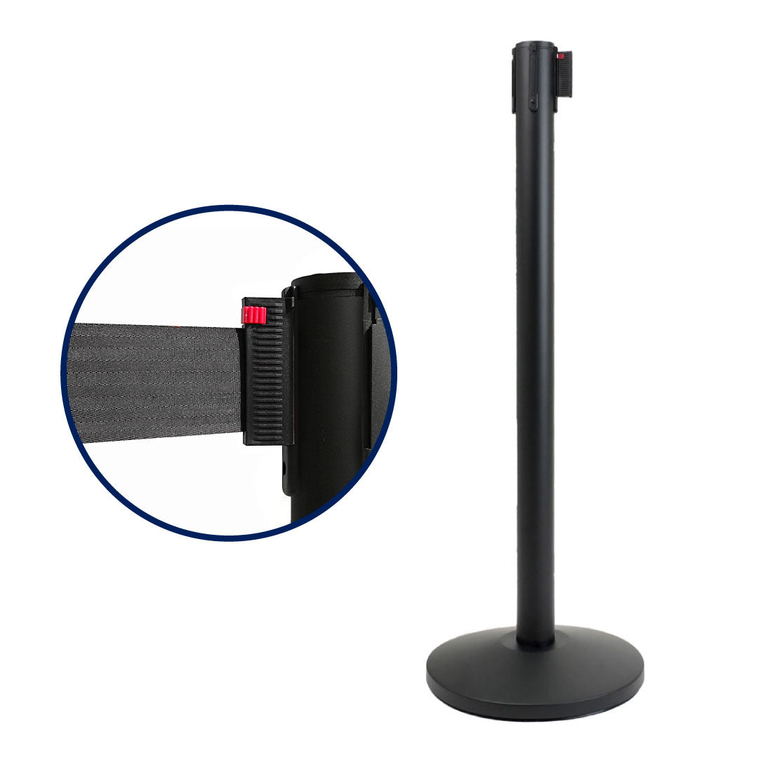 Poste separador Negro con cinta retráctil de 3 metros