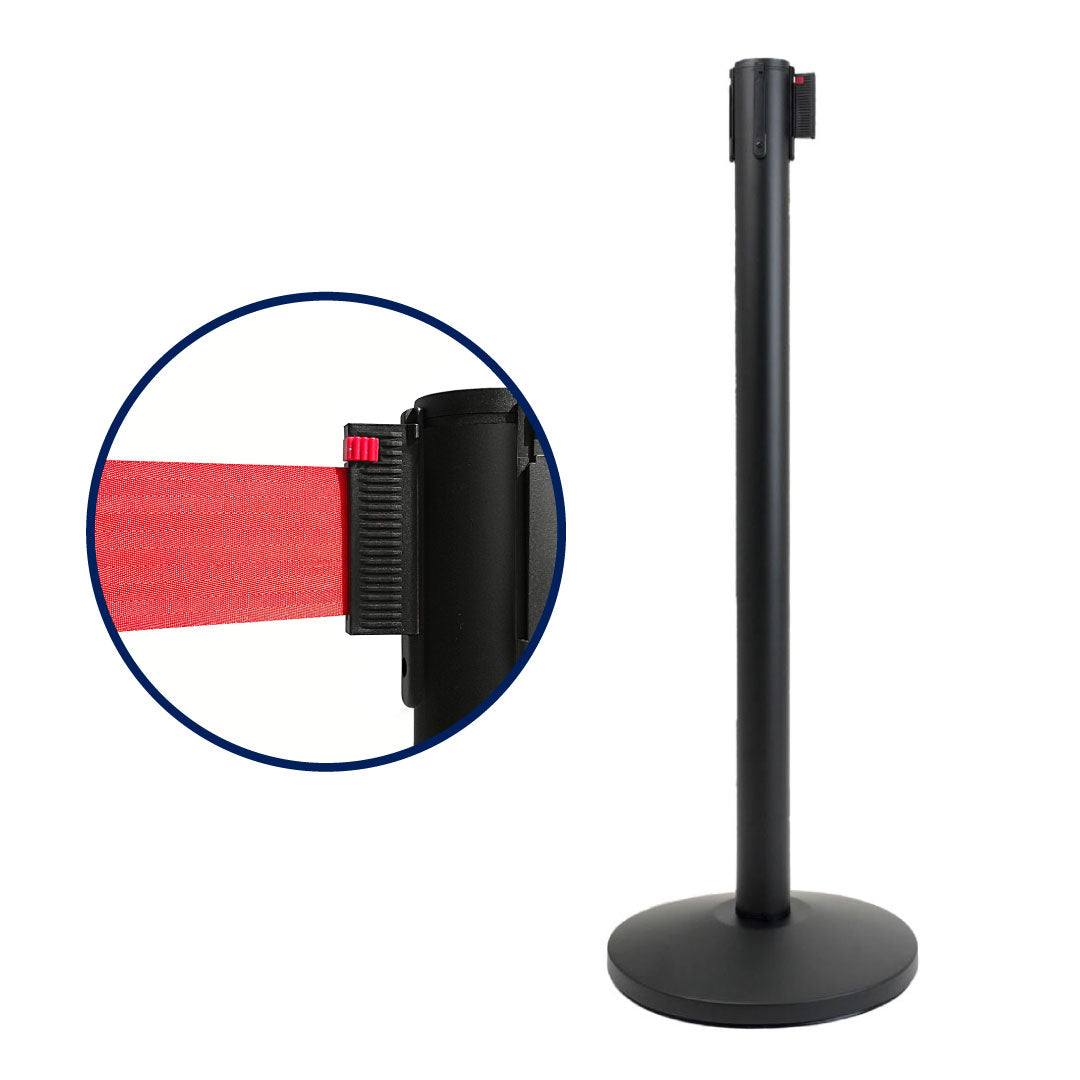 Poste separador Negro con cinta retráctil de 3 metros