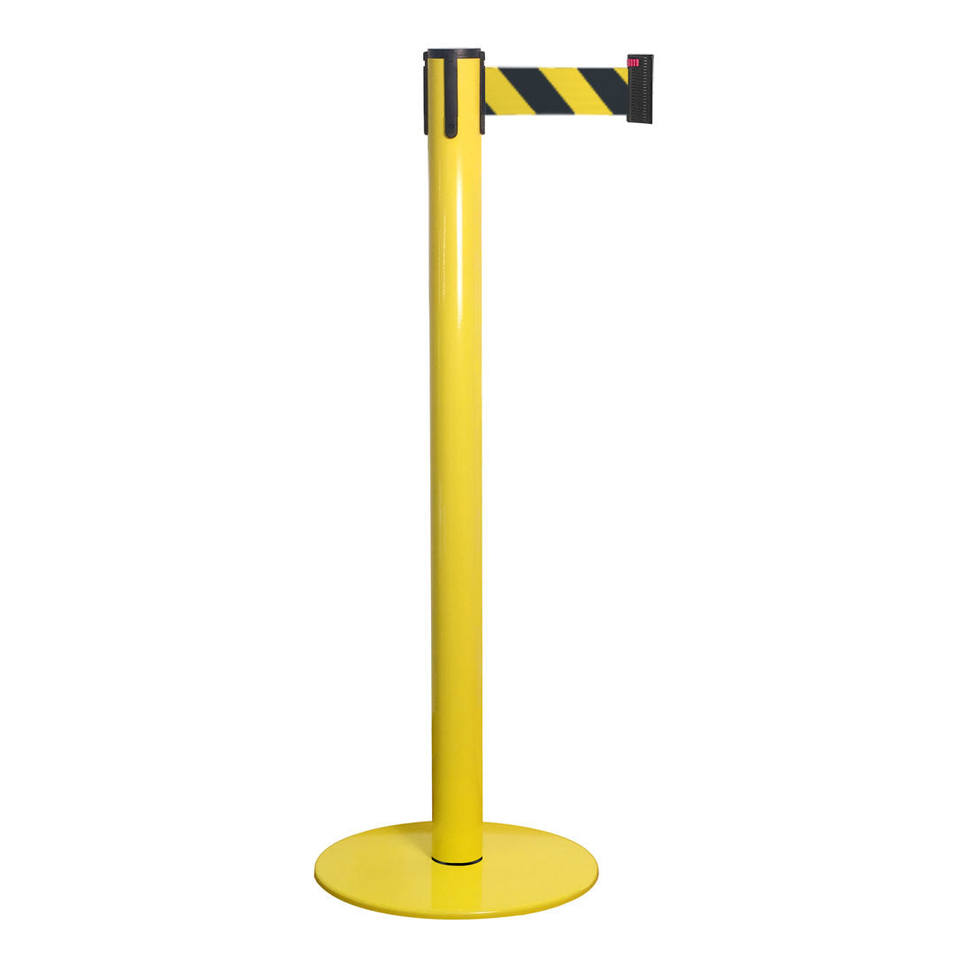 poste separador amarillo con cinta negra y amarilla