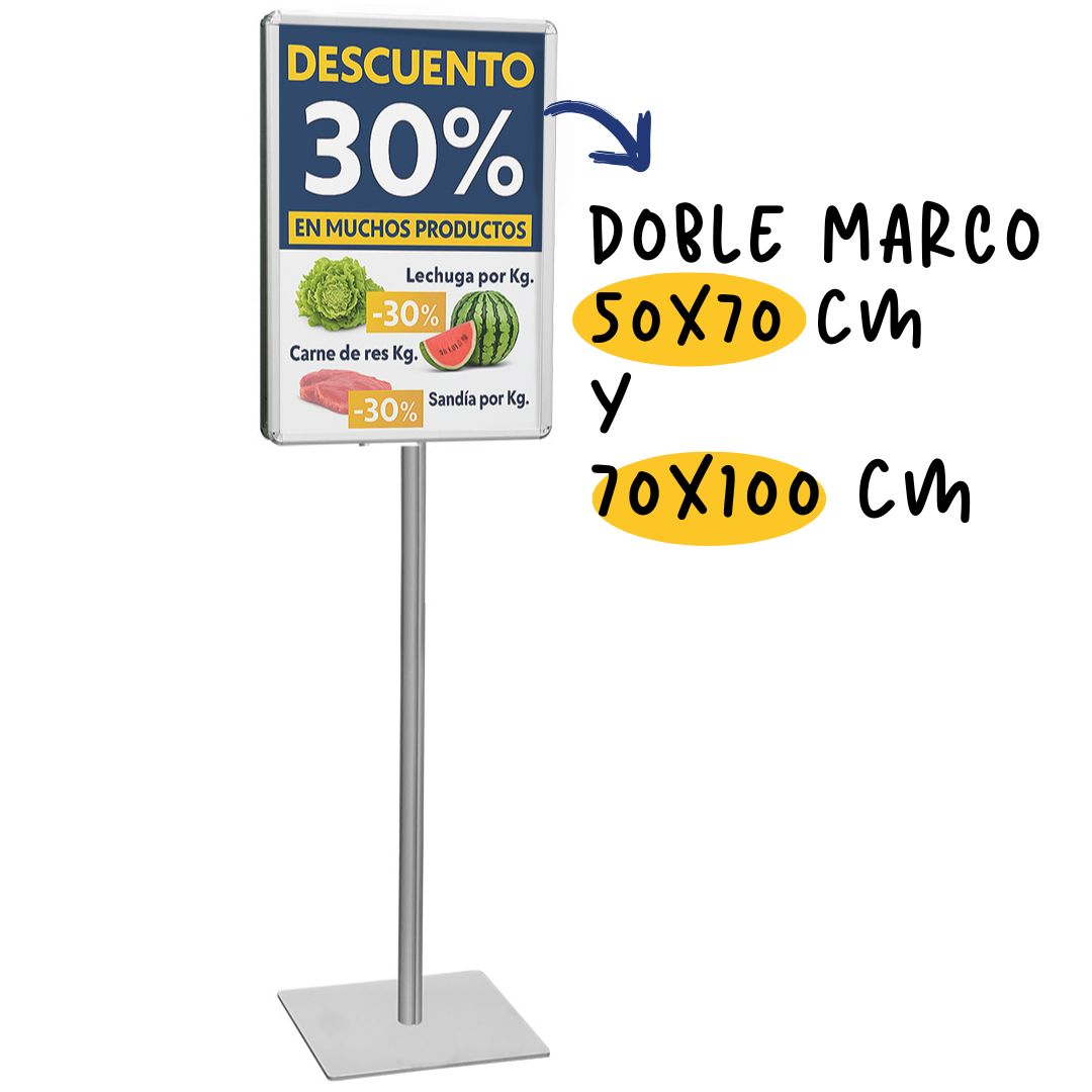 Soporte de pie con doble marco para carteles formato 50x70 y 70x100 cm - base cuadrada
