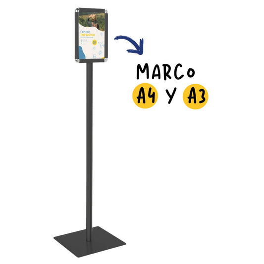 soporte publicitario de pie en metal negro con marco